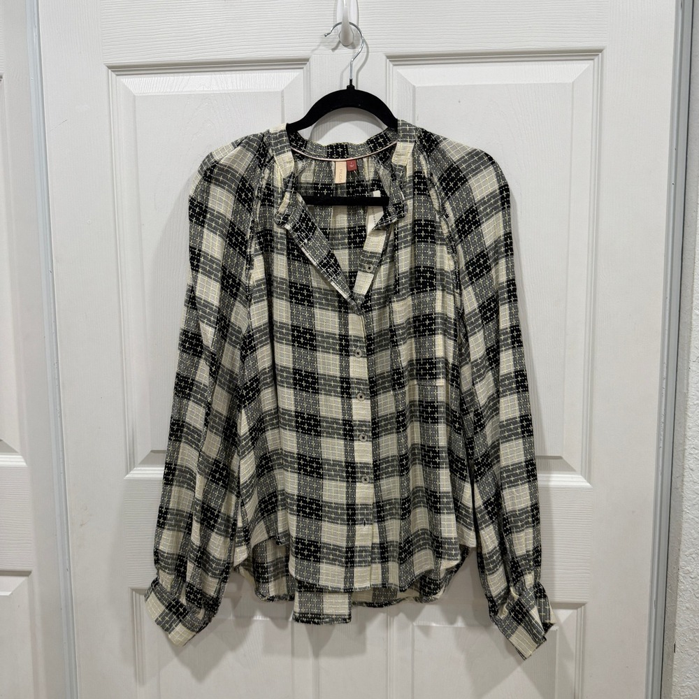 Pilcro Black White Plaid Button Up Long Sleeve Blouse Top Women Size L